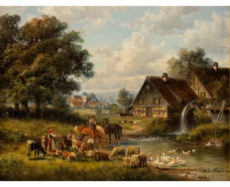   HUBERT KAPLAN  ('FRANZ MARK')  1940 München    Ländliche Idylle     Öl auf Holz. 18 x 24 cm (R. 33 x 38,5 cm). Signiert unt