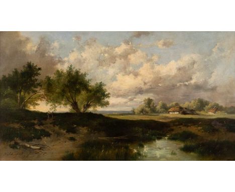   DOMINIK SCHUHFRIED  1810 Wien - c. 1890    Weite Landschaft     Öl auf Leinwand (doubl.). 53 x 95 cm (R. 71 x 103 cm). Sign