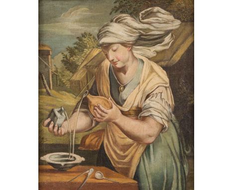   ITALIENISCHER MEISTER  Tätig, um 1600.    DIE HEILKUNDIGE     Öl auf Leinwand. 76 x 61 cm (R. 91 x 77 cm). Part. min. altre