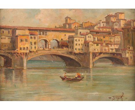   ITALIENISCH  um 1900    Ponte Veccio     Öl auf Holz. 35 x 49,5 cm (R. 47 x 62 cm). Schwer leserlich signiert unten rechts.
