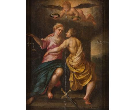   OTTO VAN VEEN (ATTR.)  1556 Leiden - 1629 Brüssel    JUSTITIA UND PRUDENTIA     Öl auf Holztafel. 37 x 29,5 cm (R. 47 x 38 