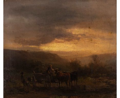   BERNHARD MÜHLIG  1829 Eibenstock - 1910 Dresden    Feldarbeit am Abend     Öl auf Leinwand (maroufl.). 21 x 24,5 cm (R. 26 