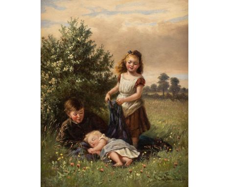   SKANDINAVISCH (?)  2. H. 19. Jh.    Kinder auf der Sommerwiese     Öl auf Leinwand (doubl.). 31 x 25 cm (R. 43 x 37 cm). Sc