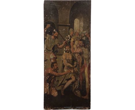   DEUTSCH/FLÄMISCHE SCHULE  Meister, tätig Mitte 16. Jh.    GEISSELUNG CHRISTI     Tempera auf Eichentafel (ehemals Seitentaf