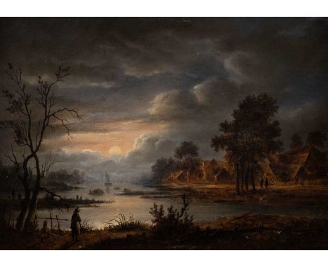   JACOBUS THEODORUS ABELS  1803 Amsterdam - 1866 Utrecht    Flusslandschaft im Mondschein     Öl auf Holz. 22,5 x 32 cm (R. 3