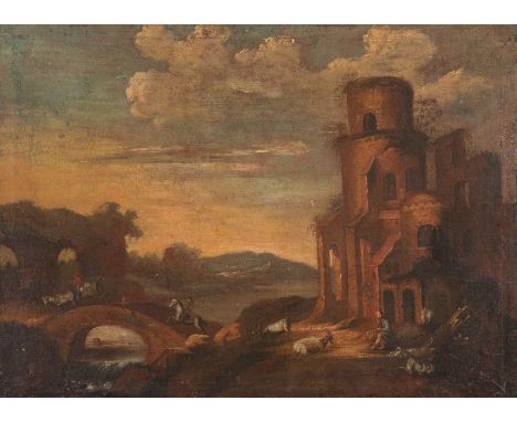  BAMBOCCIANTI-SCHULE  Meister, tätig um 1700.    LANDSCHAFT MIT RUINE, RASTENDEM SCHÄFER, REITER UND KUTSCHE VOR ANGRENZENDE