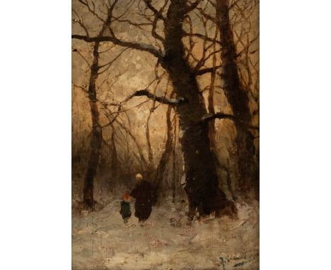   JOHANN JUNGBLUT  1860 Saarburg - 1912 Düsseldorf    Gemäldepaar. Waldlandschaft (1), Winterlandschaft (2)     Jew. Öl auf H