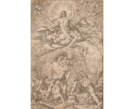   MELCHIOR MEIER  ca. 1582 - 1606 Freiburg/Schweiz  DIE AUFERSTEHUNG CHRISTI     Kupferstich auf Bütten. DM 19 x 12,5 cm (R. 
