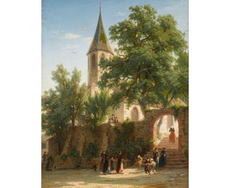   JOHANN JAKOB VOLLWEIDER  1834 Eichstetten - 1891 Freiburg    Kirchgang im Schwarzwald     Öl auf Leinwand. 54,5 x 42 cm (R.