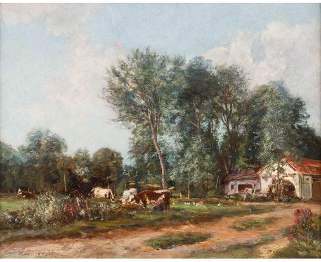   FRANZÖSISCH  2. H. 19. Jh.    Sommer auf dem Lande     Öl auf Leinwand. 33,5 x 41 cm (R. 43 x 51,5 cm). Restsignatur unten 