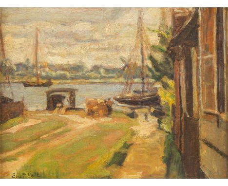   EVERT MOLL  1878 Voorburg - 1955 Den Haag    Blick auf den Kanal     Öl auf Holz. 31 x 40 cm (R. 42,5 x 52 cm). Signiert un