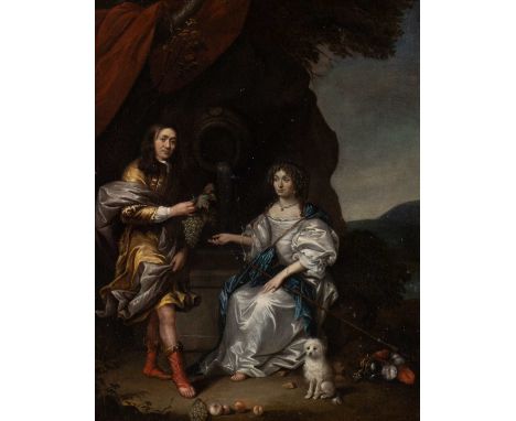   CASPAR NETSCHER (ATTR.)  1639 Heidelberg - 1684 Den Haag    ELEGANTES PAAR MIT HUND AN EINER WASSERQUELLE     Öl auf Leinwa
