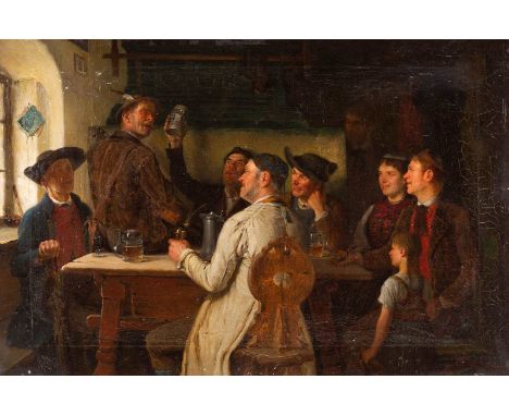   JOSEF KINZEL  1852 Lobenstein - 1925 Spitz/Donau    Lustige Wirtshausgesellschaft     Öl auf Leinwand. 43 x 64 cm (R. 65 x 