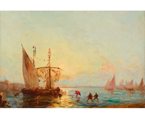   FÉLIX FRANCOIS GEORGES PHILIBERT ZIEM  1821 Beaune - 1911 Paris    Sonnenuntergang über dem Hafen     Öl auf Leinwand (doub
