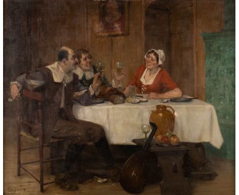   VIKTOR SCHIVERT  1863 Iasi (Moldau) - 1929 München    Zwischen zwei Feuern     Öl auf Leinwand. 78 x 94 cm (R. 95 x 110 cm)