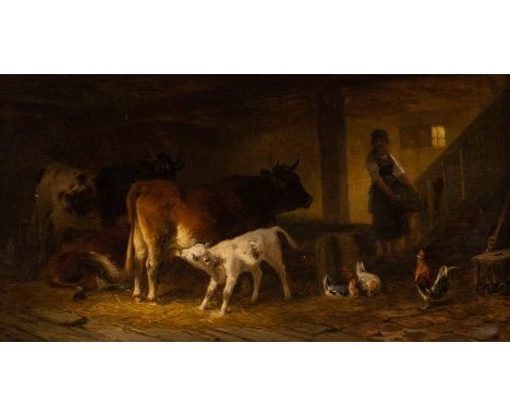   FRIEDRICH VOLTZ  1817 Nördlingen - 1886 München    Im Stall     Öl auf Holz (verso parkettiert). 23 x 44 cm (R. 39 x 59 cm)