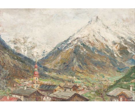   PAUL WERNER SÖCHTIG  1919 Netzkau - 1997 Meerbusch    Blick auf Fulpmes     Öl auf Platte. 35 x 49,5 cm (R. 47 x 61,5 cm). 