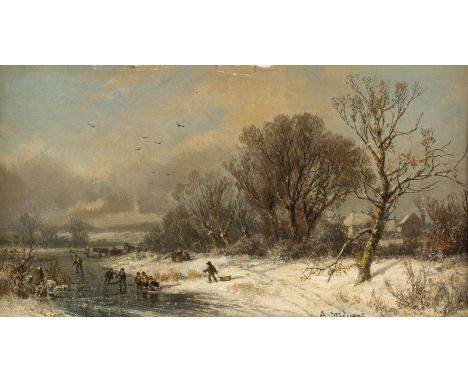   ADOLF STADEMANN  München 1824 - 1895    Winterlandschaft     Öl auf Leinwand (doubl.). 31 x 56 cm (R. 46 x 70 cm). Signiert