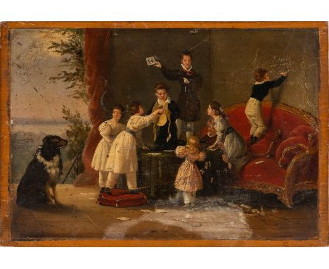   EDOUARD-HENRI-THÉOPHILE PINGRET  1788 Saint-Quentin - 1875 ebenda    Die Armenlotterie     Öl auf Holz. 17,5 x 25,5 cm. Sig