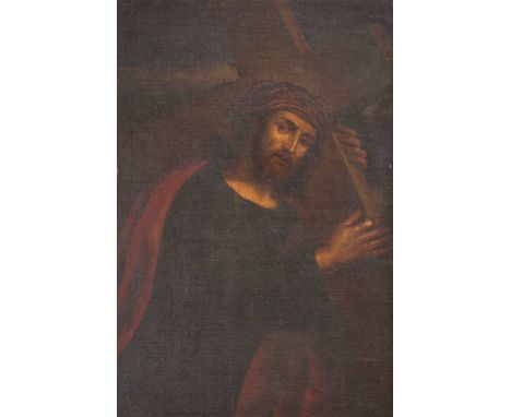   ITALIENISCHER MEISTER  Tätig, Mitte 17. Jh.    CHRISTUS, DAS KREUZ TRAGEND     Öl auf Leinwand (altdoubl.). 123,5 x 86 cm (