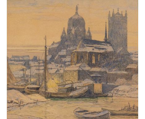   JOSEF KOHLSCHEIN D.J.  1884 Düsseldorf - 1958 Neuss    WINTERABEND IM NEUSSER HAFEN     Bleistift, aquarelliert, auf chamoi