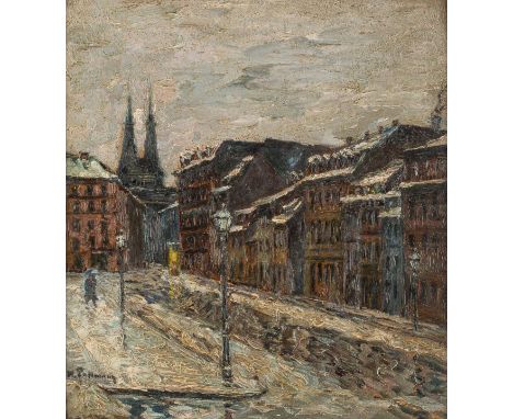   KURT PALLMANN  1886 Berlin - 1952    Verschneites Berlin     Öl auf Karton. 40 x 35,5 cm (R. 46 x 42 cm). Signiert unten li