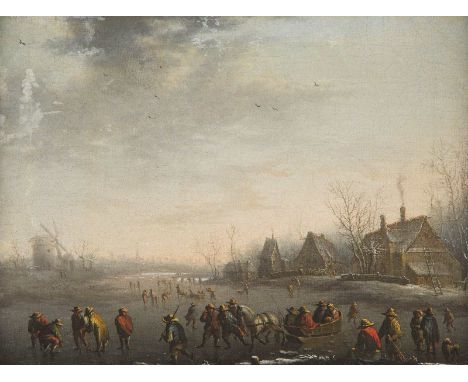   THOMAS HEEREMANS (ATTR.)  1641 Haarlem - 1694 Ebenda    EISVERGNÜGEN MIT KUTSCHE UND PERSONENSTAFFAGE     Öl auf Leinwand a