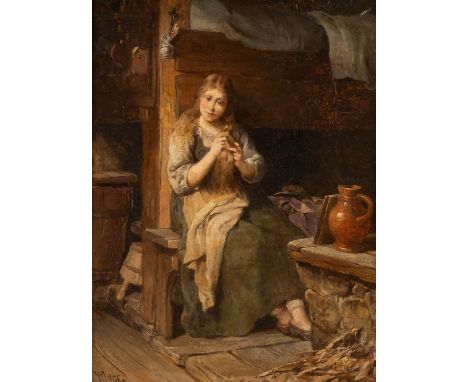   WILHELM MARC  1839 Landshut - 1907 München    Junges Mädchen flechtet einen Zopf     Öl auf Holz. 21 x 16 cm (R. 42 x 37 cm