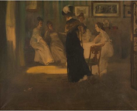   WILHELM SCHREUER  1866 Wesel - 1933 Düsseldorf    Damen im Salon     Mischtechnik (Öl/Gouache) auf feiner Malpappe. 56 x 69