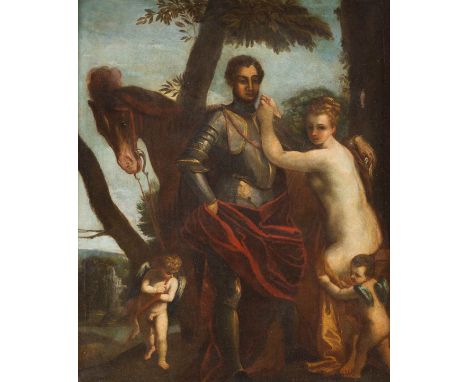   ITALIENISCHER MEISTER  Tätig, wohl 17. Jh.    VENUS ENTWAFFNET MARS     Öl auf Leinwand (altdoubl.). 65 x 54 cm (R. 77 x 66