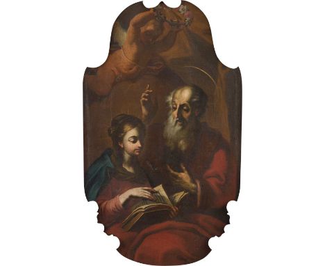   ITALIENISCHE SCHULE  Meister, tätig im 17. Jh.    MARIA BETRACHTET MIT DEM HEILIGEN LUKAS DAS EVANGELIUM     Öl auf Leinwan
