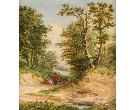   BRITISCH  Mitte 19. Jh.    Landschaft mit Reisigsammlern     Öl auf Holz. 26 x 23 cm (R. 39 x 36 cm). Schwer leserlich sign