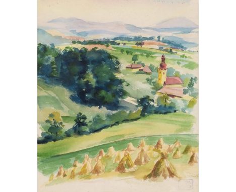   OSKAR LASKE  1874 Czernowitz - 1951 Wien    SPÄTSOMMERLANDSCHAFT     Aquarell, part. über Bleistift, auf Papier. SM 24,5 x 