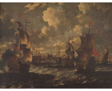   PIETER VAN DEN VELDE  1634 Antwerpen - 1723/24 Ebenda    GALEONEN IN RAUHER SEE VOR DORDRECHT     Öl auf Leinwand (altdoubl