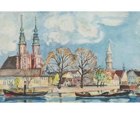   (MARIE?) LEMPIK  Tätig 1. Hälfte 20. Jh.    AN DER ODER IN OPPELN     Aquarell über Bleistift auf Papier. SM 33,5 x 51,5 cm