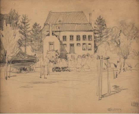   WALTER OPHEY (ATTR.)  1882 Eupen - 1930 Düsseldorf    STUDIE MIT GARTEN UND HAUS     Bleistift auf chamoisfarbenem Papier. 