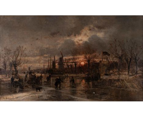   ADOLF STADEMANN  München 1824 - 1895    Wintervergnügen im Sonnenuntergang     Öl auf Leinwand (doubl.). 82 x 135 cm (R. 10