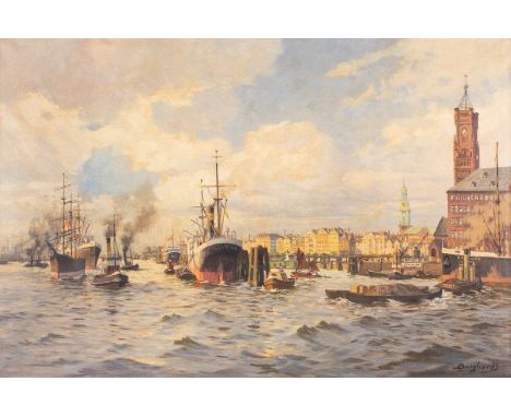   GUSTAV BURGHARDT  1890 - c. 1970    Schiffe im Hamburger Hafen     Öl auf Leinwand. 80 x 120 cm (R. 91,5 x 131 cm). Signier