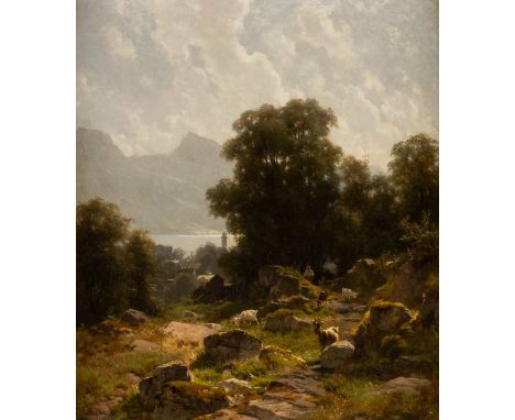   ARNOLD STEFFAN  1848 München - 1882 ebenda    Sommer an einem See in Oberbayern     Öl auf Leinwand. 39 x 34 cm (R. 63,5 x 