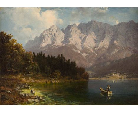   LUDWIG CORREGGIO  1846 München - 1930 ebenda    Bergsee im Sommer     Öl auf Holz. 29 x 39 cm (R. 46 x 57 cm). Signiert und