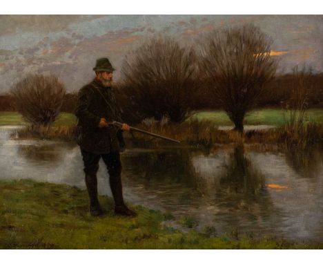   KARL MUMMERT  1879 Solingen - 1964 Düsseldorf    Jäger zur Abendstunde     Öl auf Leinwand. 44 x 60 cm (R. 59 x 75 cm). Sig
