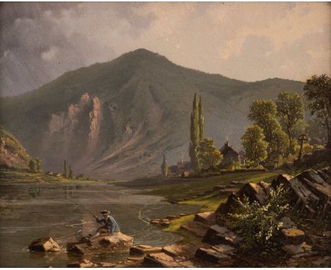   AUGUST KUNZ  1831 Heilbronn - 1878 Echternach    An der Sauer     Öl auf Platte. 23 x 29 cm (R. 36 x 42 cm). Verso: Auf Eti