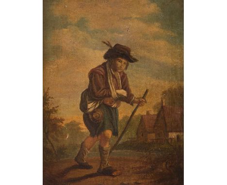   ANTWERPENER SCHULE  Meister, tätig 2. Hälfte 17. Jh.    DER WANDERER     Öl auf Leinwand (altdoubl.). 29 x 22 cm (R. 43 x 3
