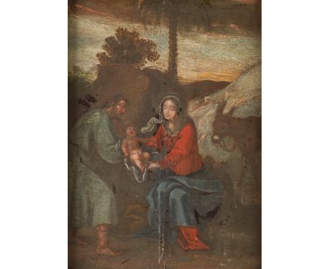   ALPENLÄNDISCHER MEISTER  Tätig, um 1700.    FLUCHT AUS ÄGYPTEN     Öl auf Hartholztafel. 44,5 x 32 cm (R. 59,5 x 47 cm). Pa