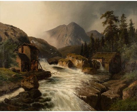   DEUTSCH  um 1860/70    Mühle am Wildbach     Öl auf Leinwand. 76 x 94 cm (R. 99 x 117 cm). Restsignatur unten links (unlese