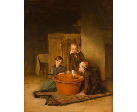   J. HARVEY  1. H. 19. Jh.    Spielende Kinder     Öl auf Holz. 30 x 24 cm (R. 41 x 35,5 cm). Signiert unten rechts 'J. Harve