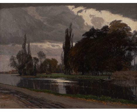  GEORG DAUBNER  1865 Berlin - 1926 Straßburg    Abend über Flusslandschaft     Öl auf Leinwand. 42 x 56 cm (R. 60 x 73 cm). 
