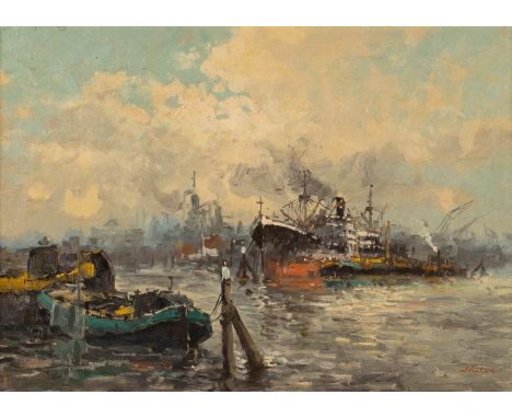   DEUTSCH / NIEDERLÄNDISCH  Mitte 20. Jh.    Dampfer im Hafen     Öl auf Leinwand. 50 x 70 cm (R. 69 x 89 cm). Schwer leserli