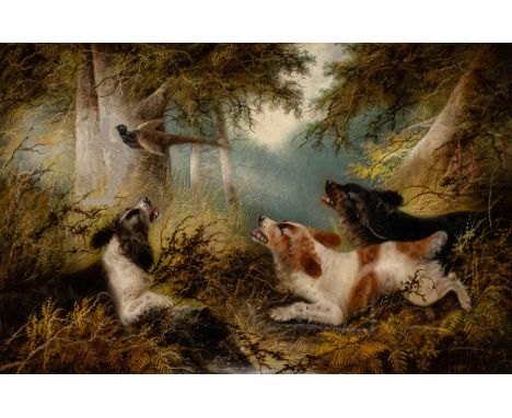   BRITISCH  um 1900    Welsh Corgis auf Fasanenjagd     Öl auf Leinwand. 51,5 x 76 cm (R. 81 x 107,5 cm). Unten rechts schwer