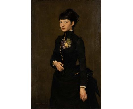   IMRE GREGUSS  1856 Zay-Ugrócz - 1910 Budapest    Dame in Sonntagstracht     Öl auf Leinwand (randdoubl.). 115 x 75,5 cm. Si